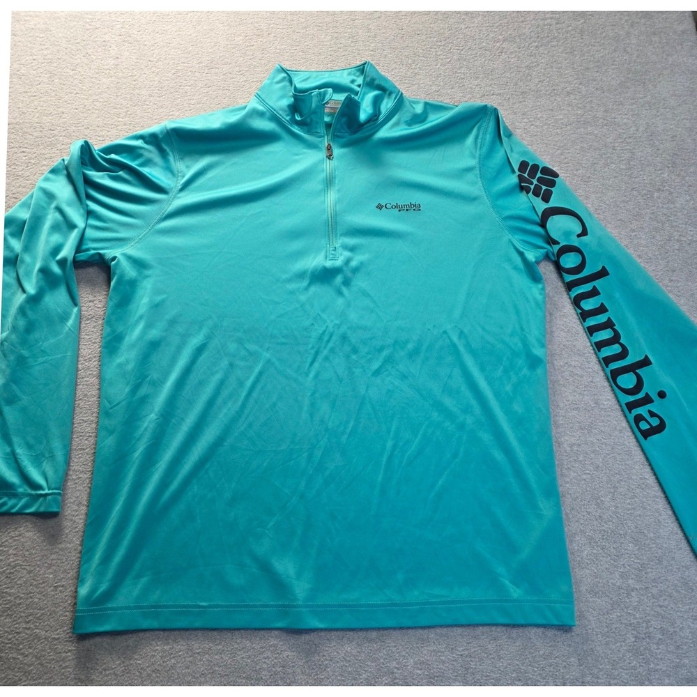 Columbia PFG Mens Large Teal Quarter Zip Fishing Shirt Long Sleeve Logo